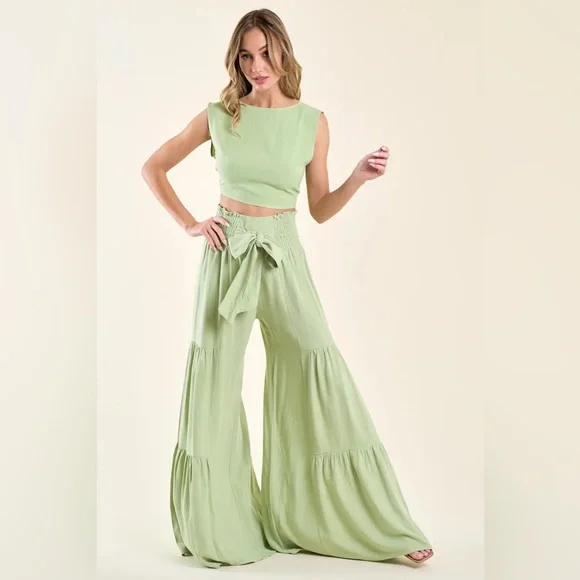 NEW!! Kiwi Boho Wide Leg Linen Palazzo Pants With Waist Sash - Picture 2 of 5